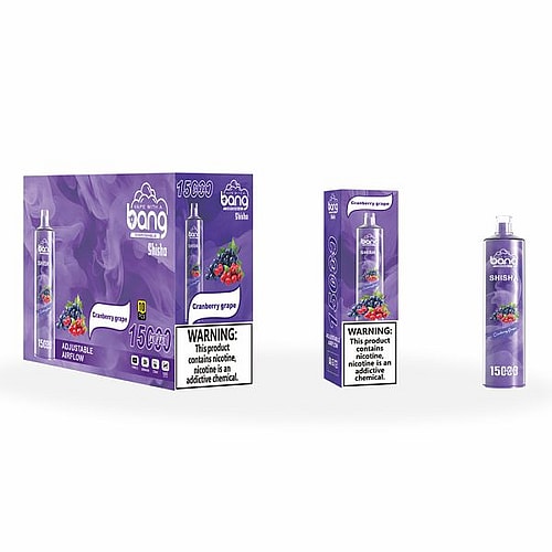 A Bang Shisha Cranberry Grape vape box, single package, and vape device with a purple design, fruit image, and nicotine warning label.