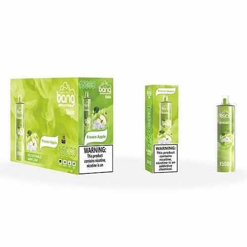 Bang Shisha Einweg-Vape mit Frozen Apple-Geschmack mit 15.000 Zügen, einstellbarer Luftzufuhr und einem Nikotin-Warnhinweis auf der Verpackung.