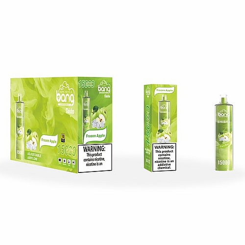 Bang Shisha disposable vape in Frozen Apple flavor with 15,000 puffs, adjustable airflow, and a nicotine warning label on the packaging.