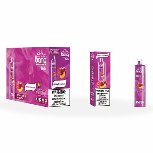 Verpackung des Vape-Produkts „Juicy Peaches“ von Bang Shisha mit violettem Hintergrund, abgebildet ist ein Einweg-Vape-Gerät, Pfirsiche und Warnhinweise zum Nikotin.