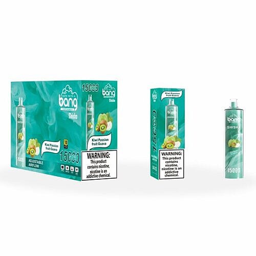 Bang Shisha Einweg-Vape-Verpackung mit Kiwi-Passionsfrucht-Guave-Geschmack und Warnhinweis, dass Nikotin süchtig macht. Das Bild zeigt eine Schachtel, eine Einzelverpackung und das Vape-Gerät.