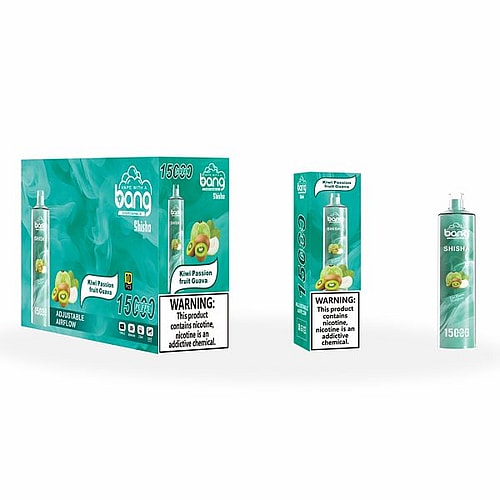 Bang Shisha disposable vape packaging featuring Kiwi Passion Fruit Guava flavor, with a warning label about nicotine being an addictive chemical. The image shows a box, single package, and the vape device.