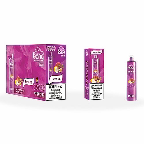 Bang Shisha Love 66 disposable vape packaging, featuring a purple color with fruit illustrations, nicotine warning label, and adjustable airflow.