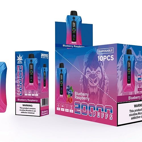 Blau-rosa Einweg-Vape-Gerät mit 20.000 Zügen und der Aufschrift „Bang Beach“, ausgestellt neben einer Verpackung mit dem Geschmack „Blueberry Raspberry“ und einer Gorilla-Grafik.