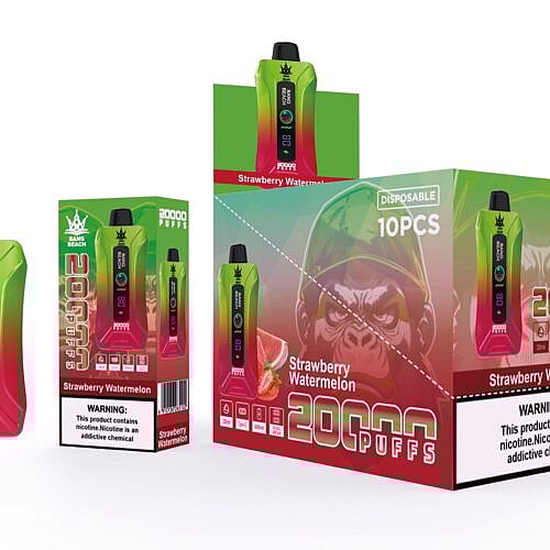 Verpackung eines Einweg-Vape-Produkts mit der Bezeichnung „Bang Beach“ mit einer Kapazität von 20.000 Zügen, Erdbeer-Wassermelonen-Geschmack und einer digitalen Anzeige.