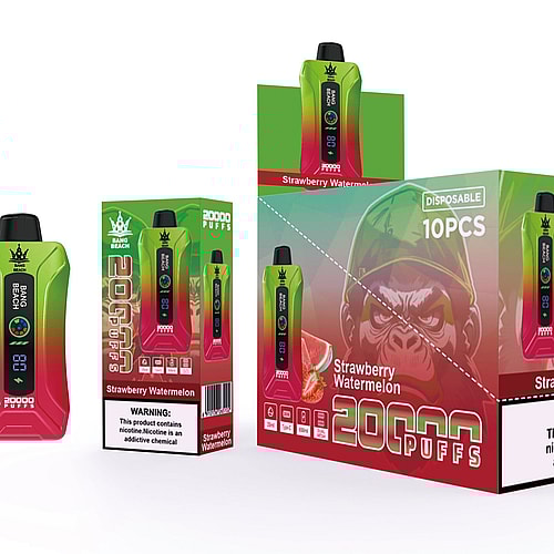 Confezione di un prodotto per svapo usa e getta etichettato "Bang Beach", con capacità di 20.000 boccate, aroma di fragola e anguria e display digitale.