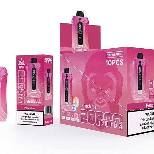 Rosafarbene Verpackung für Einweg-Vape-Geräte mit den auffälligen Aufschriften „Bang Beach“, „Peach Ice“ und „20.000 Puffs“. Auf dem Warnschild steht: „Dieses Produkt enthält Nikotin. Nikotin macht süchtig.“