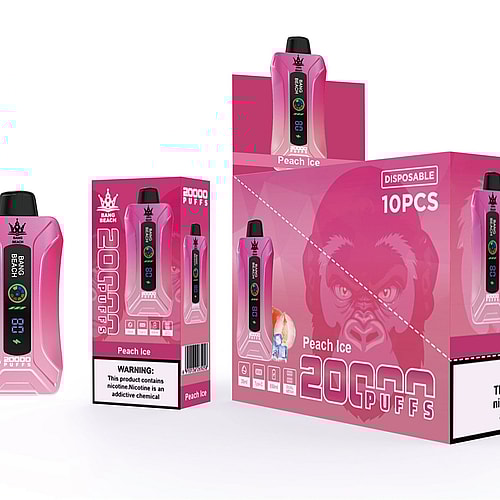 Confezione rosa monouso per dispositivo di svapo con "Bang Beach", "Peach Ice" e "20.000 Puffs" ben visibili. L'etichetta di avvertenza recita: "Questo prodotto contiene nicotina. La nicotina è una sostanza chimica che crea dipendenza".