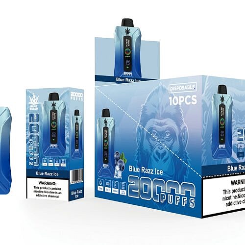 Blauer Einweg-Vaporizer mit der Aufschrift „Bang Beach“ mit 20.000 Zügen und Geschmacksrichtung „Blue Razz Ice“, abgebildet neben der Verpackung und einer Displaybox mit einer Gorilla-Grafik.