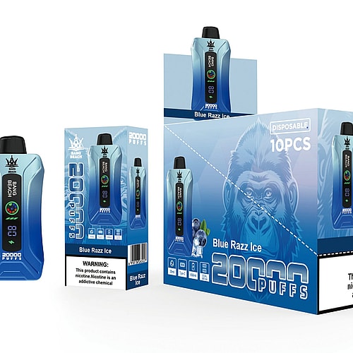 Sigaretta elettronica usa e getta blu con l'etichetta "Bang Beach" e 20.000 boccate, aroma "Blue Razz Ice", mostrata accanto alla confezione e a una scatola espositiva con l'immagine di un gorilla.
