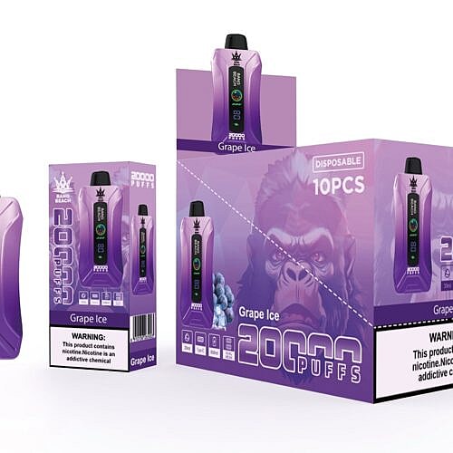 Ein lilafarbener Einweg-Vaporizer mit der Aufschrift „Bang Beach Grape Ice“ mit 20.000 Zügen, einer digitalen Anzeige und einer Gorilla-Illustration auf der Verpackung.