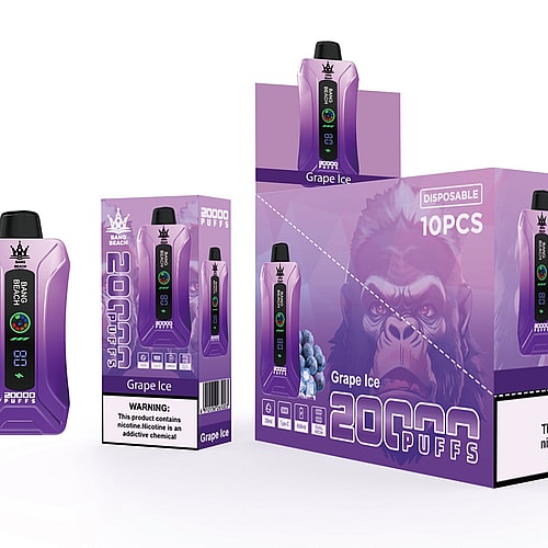 Una sigaretta elettronica usa e getta viola con l'etichetta "Bang Beach Grape Ice", con capacità di 20.000 boccate, un display digitale e l'illustrazione di un gorilla sulla confezione.