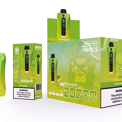 Ein grünes Einweg-Vape-Gerät „Bang Beach“ mit 20.000 Zügen und saurem Apfelgeschmack, das neben seiner Verpackung und einer Werbebox mit einem Warnhinweis zur Nikotinsucht präsentiert wird.