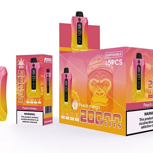 Einweg-Vape-Gerät mit Pfirsich-Mango-Geschmack für 20.000 Züge, mit Digitalanzeige und rosa-gelbem Farbverlauf, abgebildet in einer Packung mit 10 Stück.