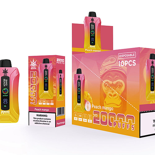 Dispositivo per svapo monouso al gusto di pesca e mango, con capacità di 20.000 boccate, dotato di display digitale e colore rosa-giallo sfumato, in confezione da 10 pezzi.