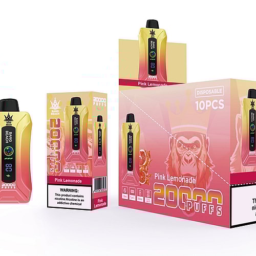 Bang Beach vape monouso al gusto Pink Lemonade con capacità di 20.000 tiri, mostrato in confezione singola e in scatola da 10 pezzi. L'etichetta di avvertenza menziona la nicotina come sostanza chimica che crea dipendenza.
