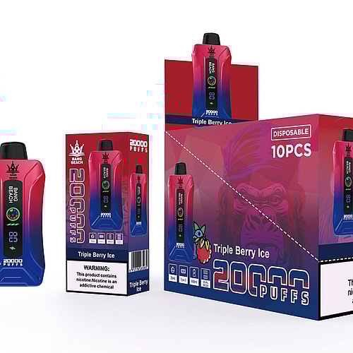 Esposizione di dispositivi per svapare usa e getta Bang Beach con aroma "Triple Berry Ice", con 20.000 boccate e un avviso sulla dipendenza da nicotina.