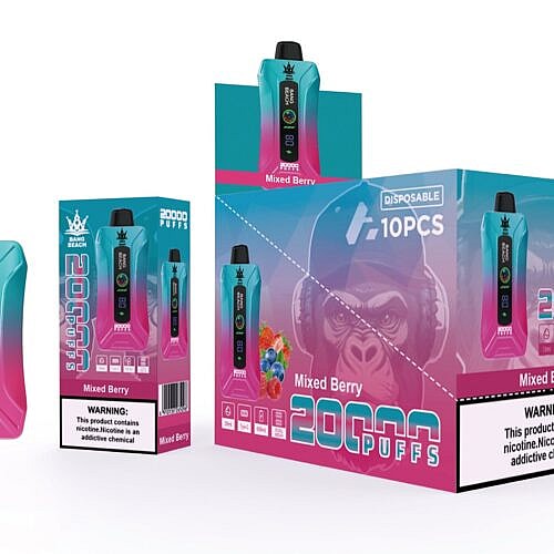 Ein farbenfrohes Einweg-Vape-Produkt mit der Aufschrift „Bang Beach“ mit 20.000 Zügen, dem Geschmack „Mixed Berry“ und einer Warnung vor Nikotinsucht, die neben der Verpackung und der Schachtel abgebildet ist.