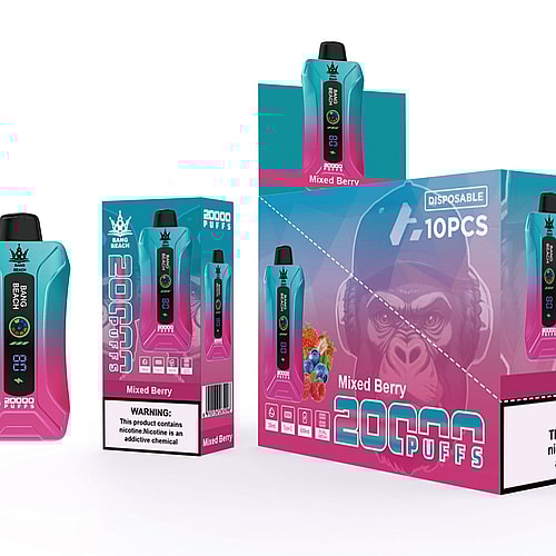 Un colorato prodotto monouso per svapare etichettato "Bang Beach" con 20.000 boccate, aroma "Mixed Berry" e un'avvertenza sulla dipendenza da nicotina, mostrato accanto alla confezione e alla scatola.