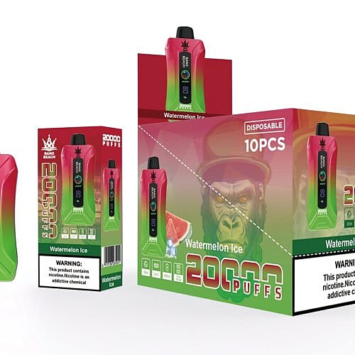 Verpackung für Einweg-Vape-Geräte mit der Geschmacksrichtung „Bang Beach“ Watermelon Ice. Mit 20.000 Zügen, digitaler Anzeige und Warnhinweis, dass Nikotin süchtig macht. Die Verpackung enthält außerdem 10 Einweggeräte.