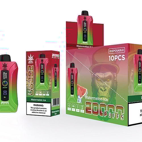 Confezione monouso per dispositivo di svapo per il gusto "Bang Beach" Watermelon Ice, con 20.000 boccate, un display digitale e un avviso sulla nicotina come sostanza chimica che crea dipendenza. La confezione mostra anche 10 unità monouso.