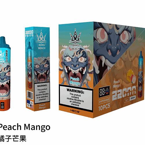 Bang Beach Peach Mango disposable vape packaging with 22,000 puffs, featuring a fierce blue dragon illustration and a warning label about nicotine addiction.