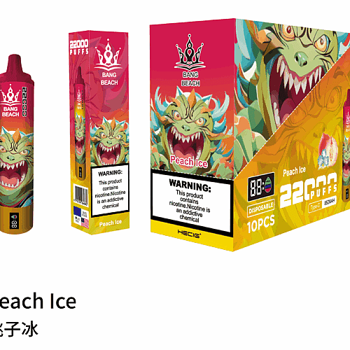 Peach Ice disposable vape with 22,000 puffs, featuring a dragon design on packaging and nicotine warning label.