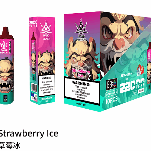 Strawberry Ice disposable vape packaging featuring a fierce cartoon character with a warning about nicotine addiction.