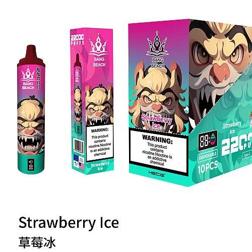 Embalaje de vaporizador desechable Strawberry Ice que presenta un feroz personaje de dibujos animados con una advertencia sobre la adicción a la nicotina.