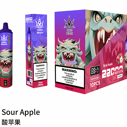 Sour Apple flavored disposable vape with 22,000 puffs, featuring a dragon illustration on the packaging and warning label indicating nicotine content.