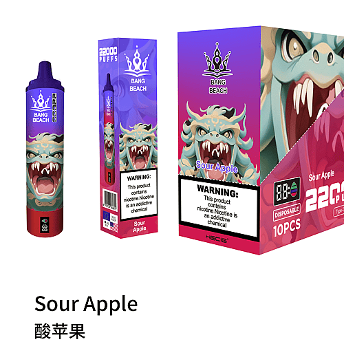 Vape desechable con sabor a manzana ácida con 22.000 bocanadas, que presenta una ilustración de un dragón en el empaque y una etiqueta de advertencia que indica el contenido de nicotina.