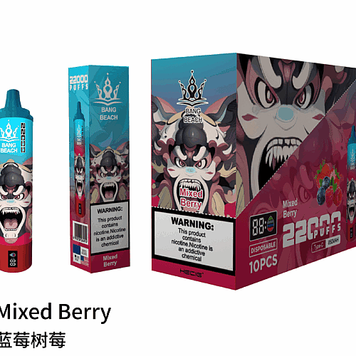 "Packaging of a disposable vape labeled 'Bang Beach Mixed Berry,' featuring an aggressive cartoon character and warnings about nicotine content, with 22000 puffs and a Type-C charger."