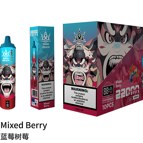 "Paquete de un vaporizador desechable etiquetado como 'Bang Beach Mixed Berry', que presenta un personaje de dibujos animados agresivo y advertencias sobre el contenido de nicotina, con 22.000 bocanadas y un cargador tipo C".