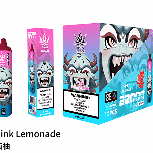 "Bang Beach Pink Lemonade disposable vape with 22000 puffs, featuring a monster graphic design, LCD screen, 850mAh battery, and packaging in blue and pink tones."