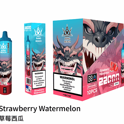 Strawberry Watermelon vape device packaging featuring a dragon illustration, 22000 puffs, with nicotine warning label.