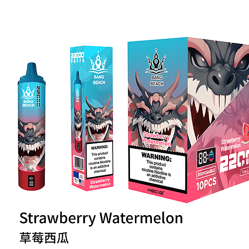 Empaque del dispositivo de vapeo Strawberry Watermelon con ilustración de un dragón, 22000 bocanadas y etiqueta de advertencia de nicotina.