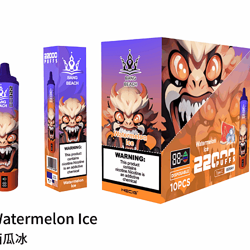 Watermelon Ice disposable vape packaging with a fierce cartoon character, 22,000 puffs label, and nicotine warning.
