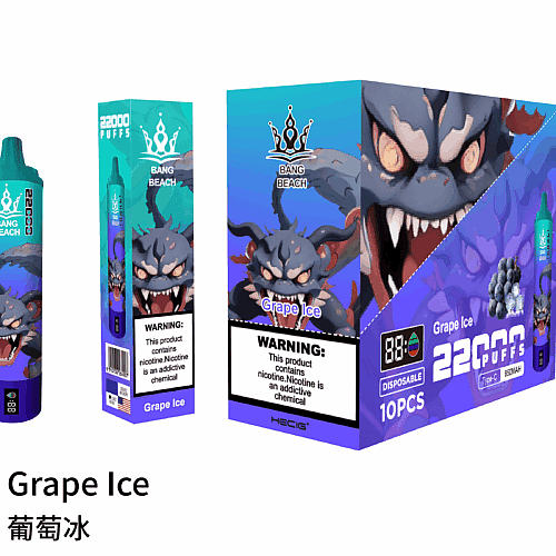 Grape Ice vape product packaging featuring a monster graphic, 22000 puffs, and nicotine warning labels.