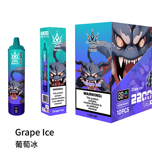 Empaque del producto de vapeo Grape Ice con un gráfico de monstruo, 22 000 bocanadas y etiquetas de advertencia de nicotina.