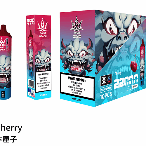 Cherry-flavored disposable vape device with 22,000 puffs, featuring a monster design and nicotine addiction warning.