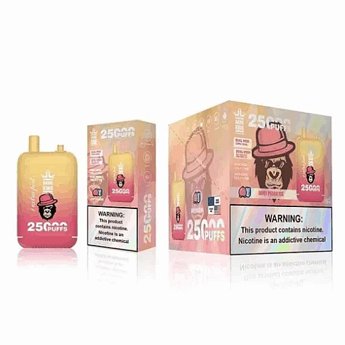 Embalagem descartável para vaporizador com um urso de desenho animado usando um chapéu, etiquetado com "2500 tragadas" e um aviso de nicotina.