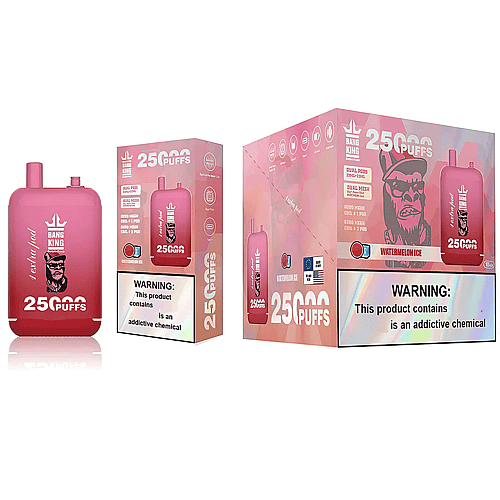Confezione di dispositivo di svapo monouso con etichetta "Bang King" con 25.000 boccate, aroma ghiaccio all'anguria e avvertenze sanitarie sulle sostanze chimiche che creano dipendenza. Il dispositivo e la scatola sono rosa con il logo di un gorilla.