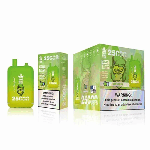 Dispositivo de vaporizador descartável verde e embalagem rotulada "25.000 tragadas" com texto de advertência sobre a nicotina ser uma substância química viciante.