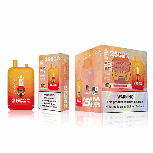 Dispositivo de vaporização descartável com a marca "Bang King", com 25.000 tragadas e sabor morango e manga, além de um aviso de saúde sobre o vício em nicotina.