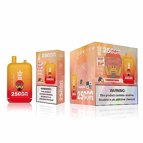 Dispositivo per svapare usa e getta con marchio "Bang King", con capacità di 25.000 boccate e aroma di fragola e mango, insieme a un'avvertenza sanitaria sulla dipendenza da nicotina.