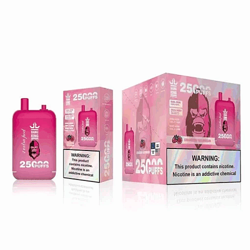 Um dispositivo de vaporizador rosa e uma embalagem rotulada "25.000 tragadas" com um texto de advertência indicando que o produto contém nicotina, uma substância química viciante.
