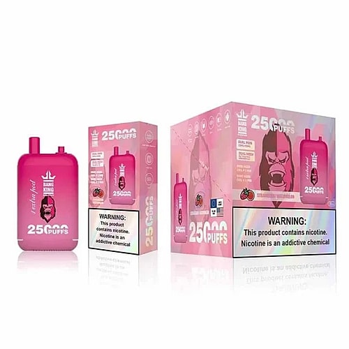 Un dispositivo per svapare rosa e una confezione con l'etichetta "25000 boccate" e un testo di avvertenza che indica che il prodotto contiene nicotina, una sostanza chimica che crea dipendenza.