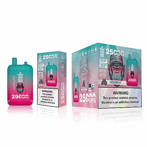 Confezione monouso per sigarette elettroniche con dispositivo sfumato verde acqua e rosa con l'etichetta "Bang King" e capacità per 25.000 boccate, grafica di un gorilla e avvertenze sulla nicotina.