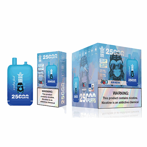 Dispositivo de vaporização Blue Bang King com 25.000 tragadas, acompanhado de uma embalagem com o mesmo produto e um mascote gorila. O rótulo de advertência informa que o produto contém nicotina, uma substância química que causa dependência.