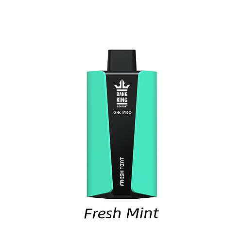 Un dispositivo per svapare nero e verde acqua con l'etichetta "Bang King 30K Pro" al gusto "Fresh Mint".